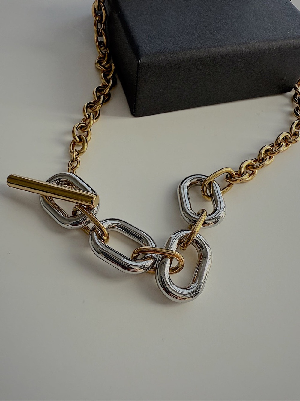 Mixed Metal Chain Toggle Necklace Two-Tone Statement Jewelry